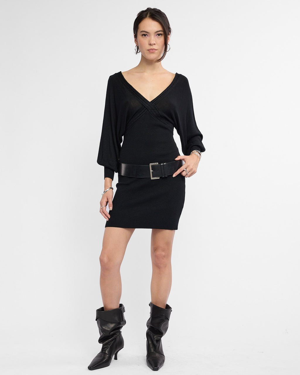 Viscose Knit Batwing Mini Dress - Black