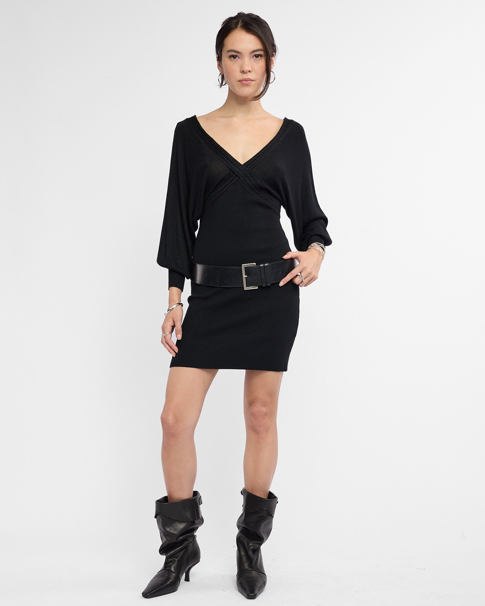 Viscose Knit Batwing Mini Dress - Black