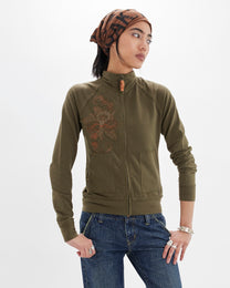 Embroidered Zip Up Jacket - Khaki
