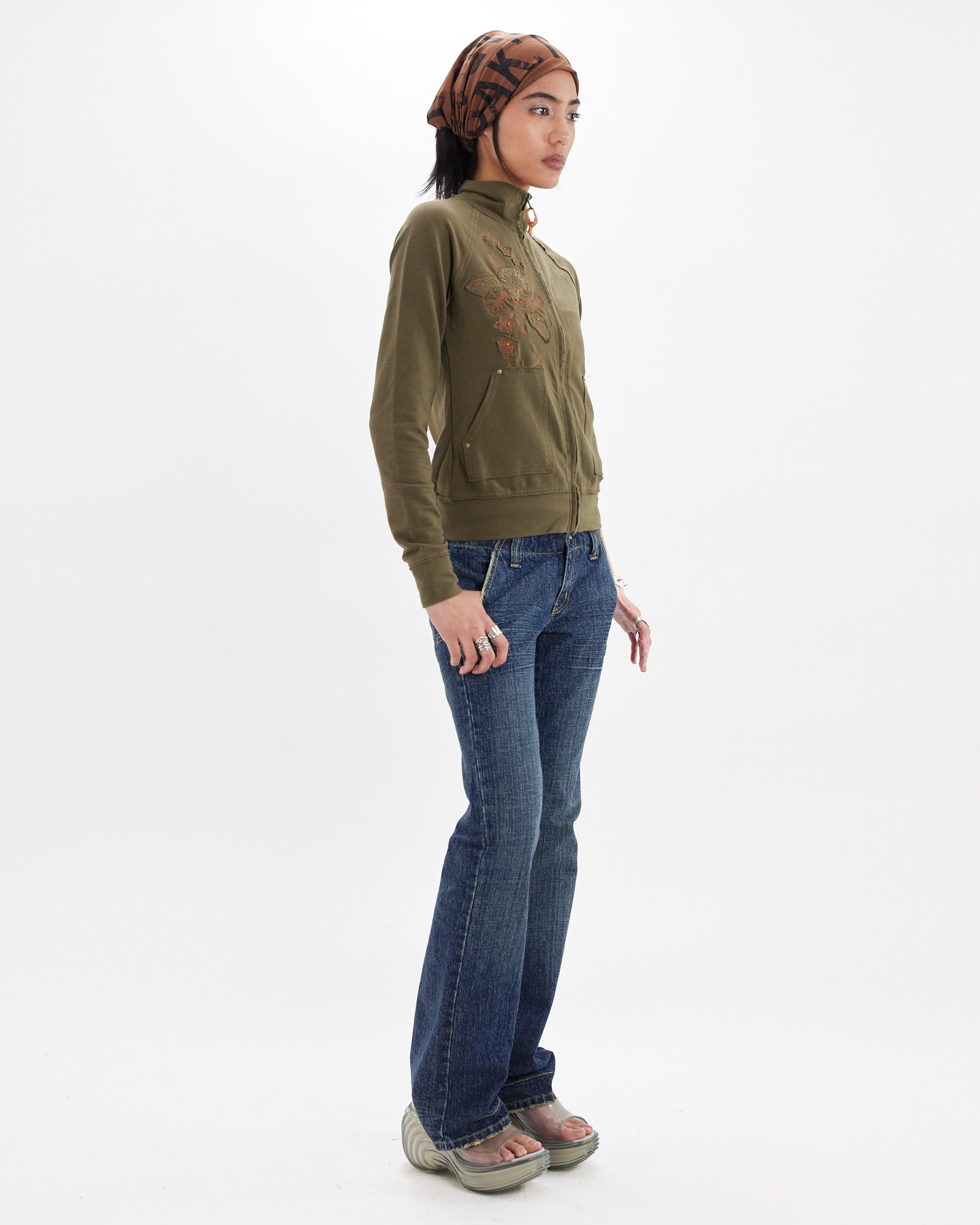 Embroidered Zip Up Jacket - Khaki