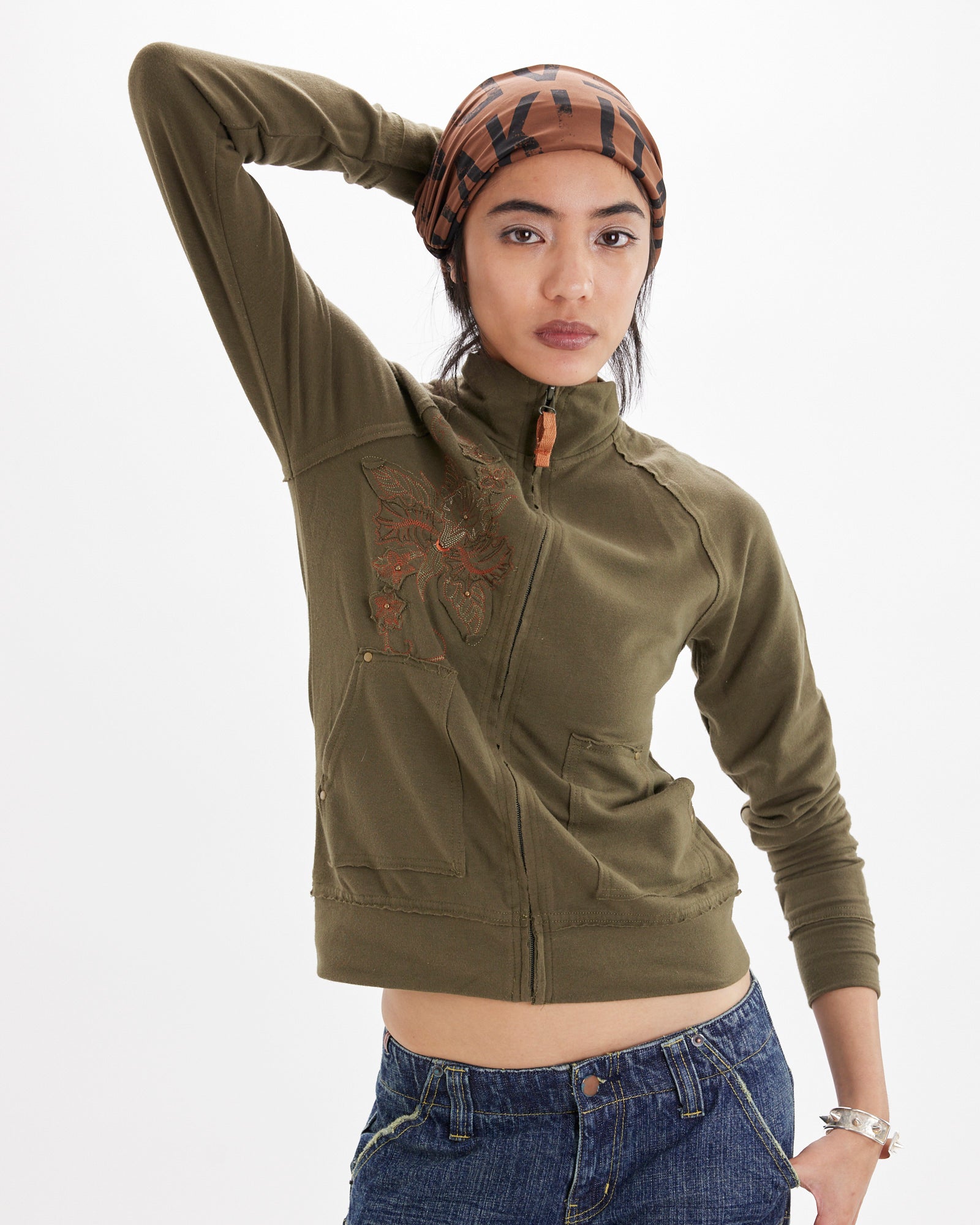 Embroidered Zip Up Jacket - Khaki