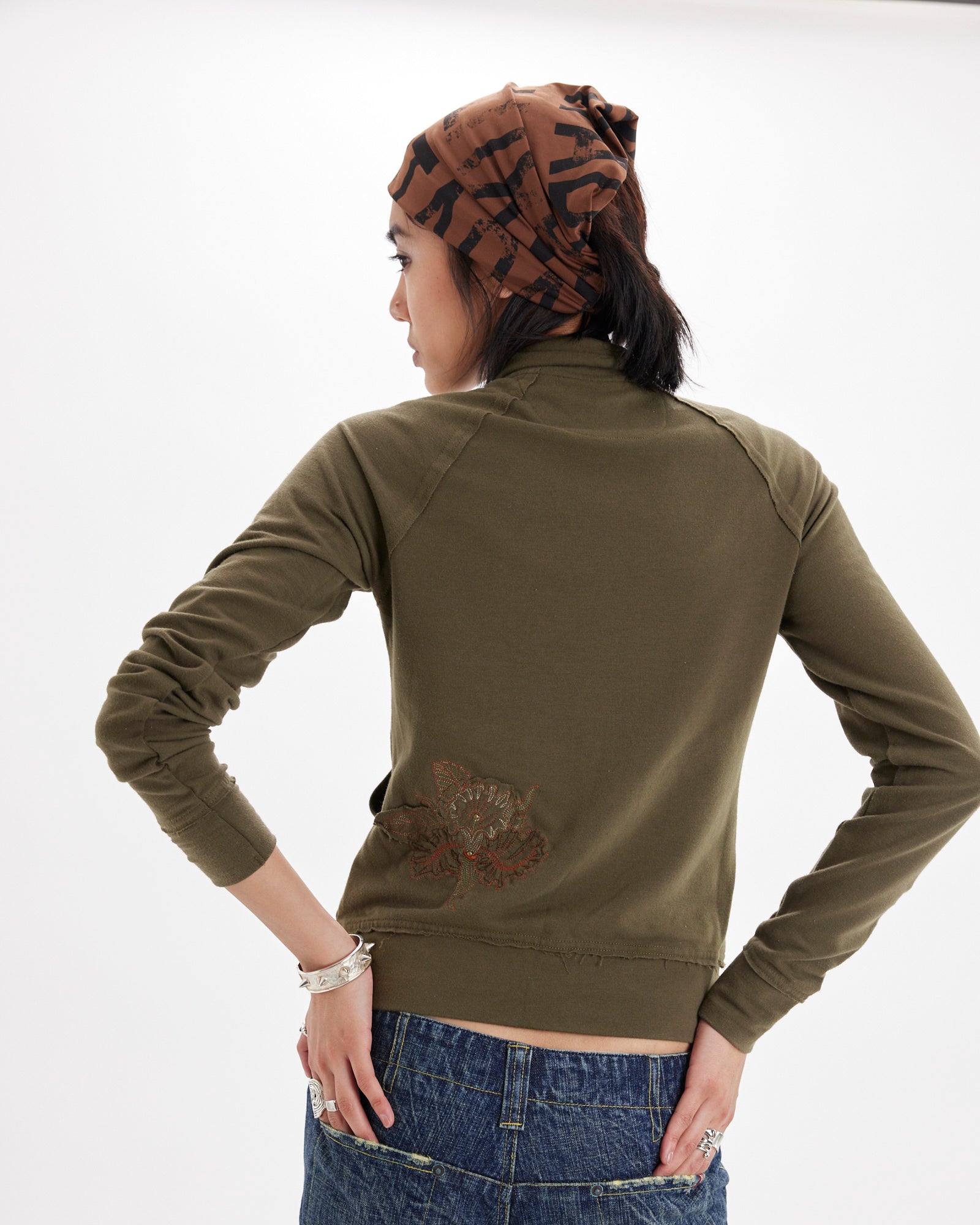 Embroidered Zip Up Jacket - Khaki