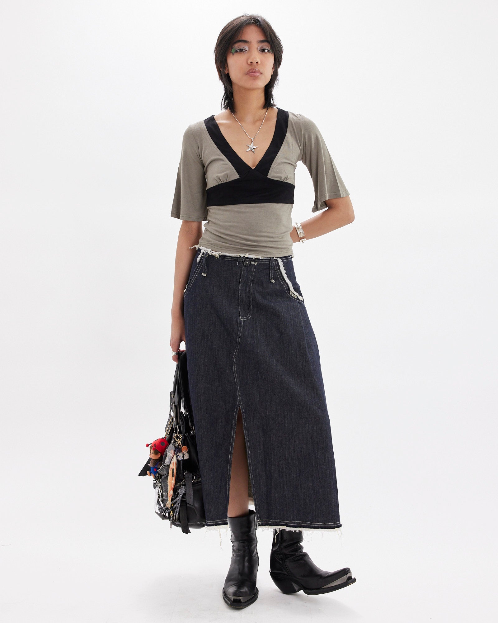 Contrast Flare Sleeve Jersey Top - Khaki
