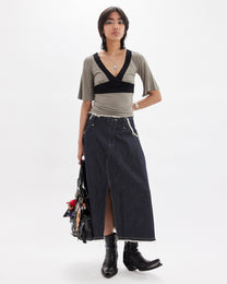 Contrast Flare Sleeve Jersey Top - Khaki
