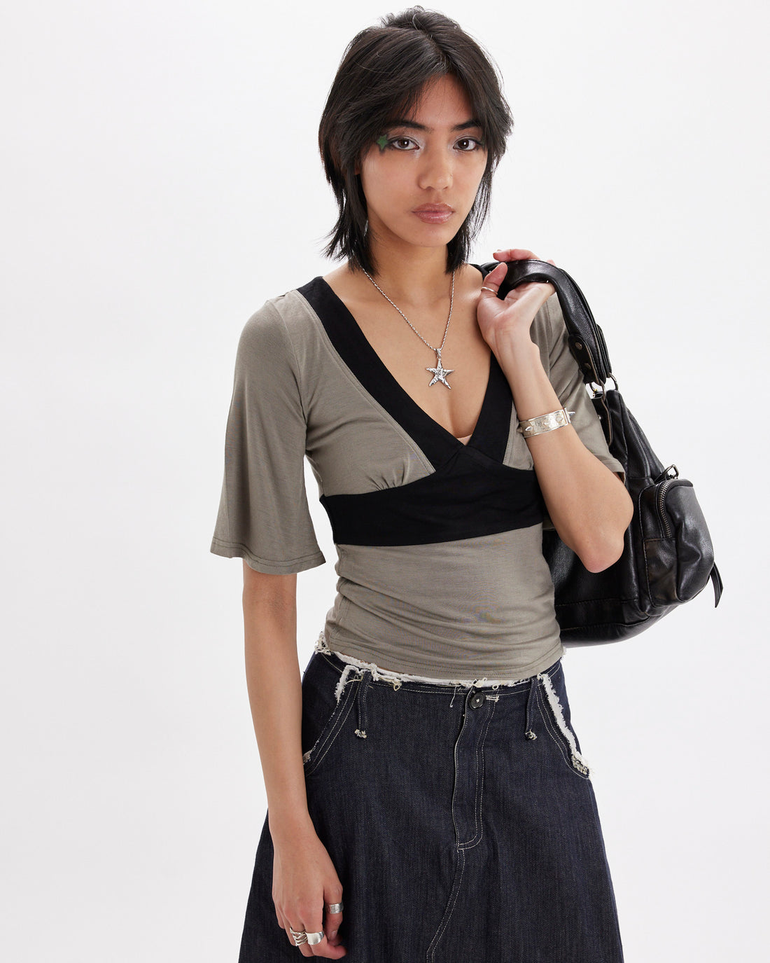 Contrast Flare Sleeve Jersey Top - Khaki
