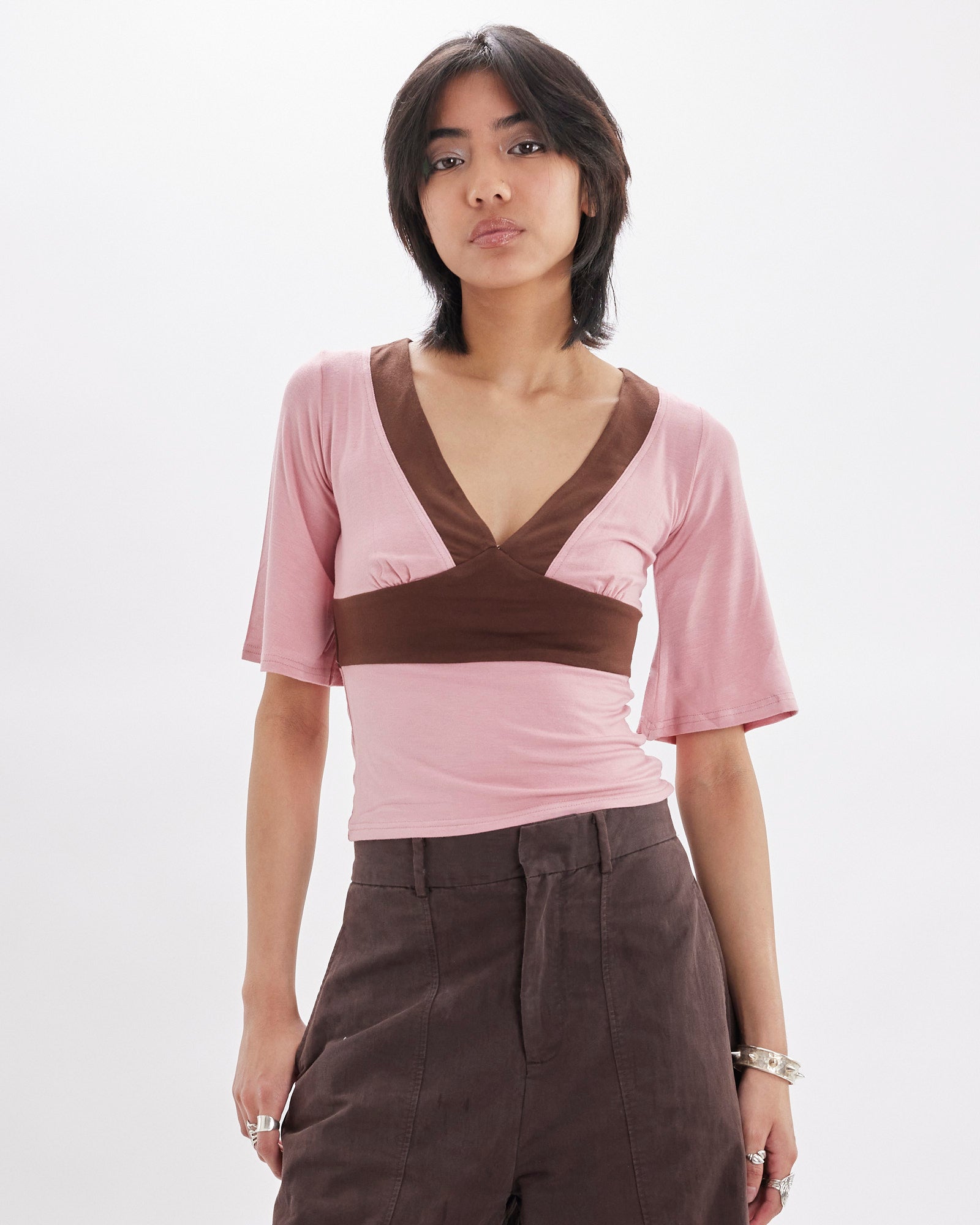 Contrast Flare Sleeve Jersey Top - Pink