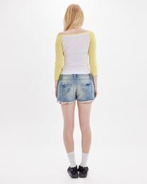 Ruffle Hem Denim Mini Shorts