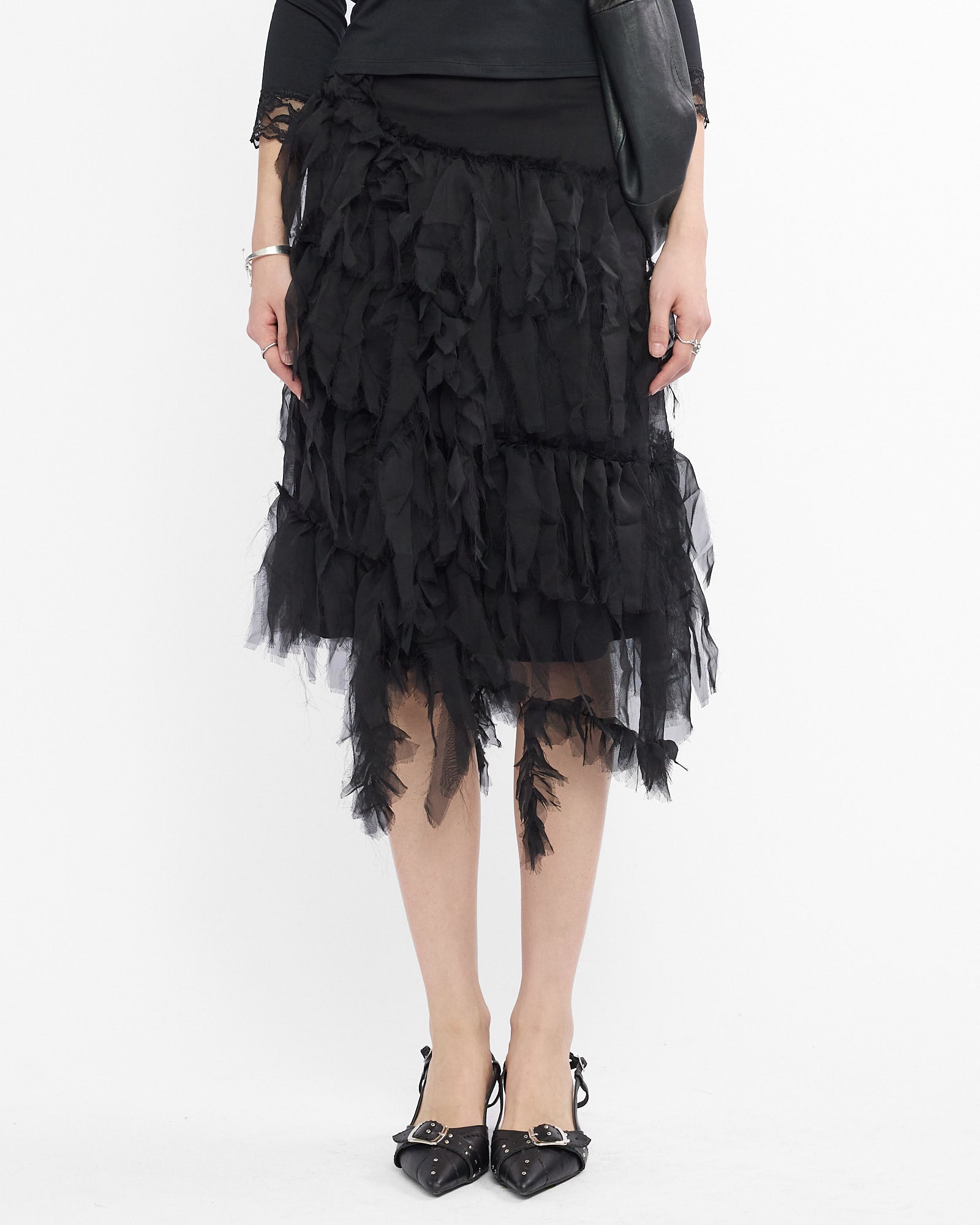 Ruffled Tulle Midi Skirt