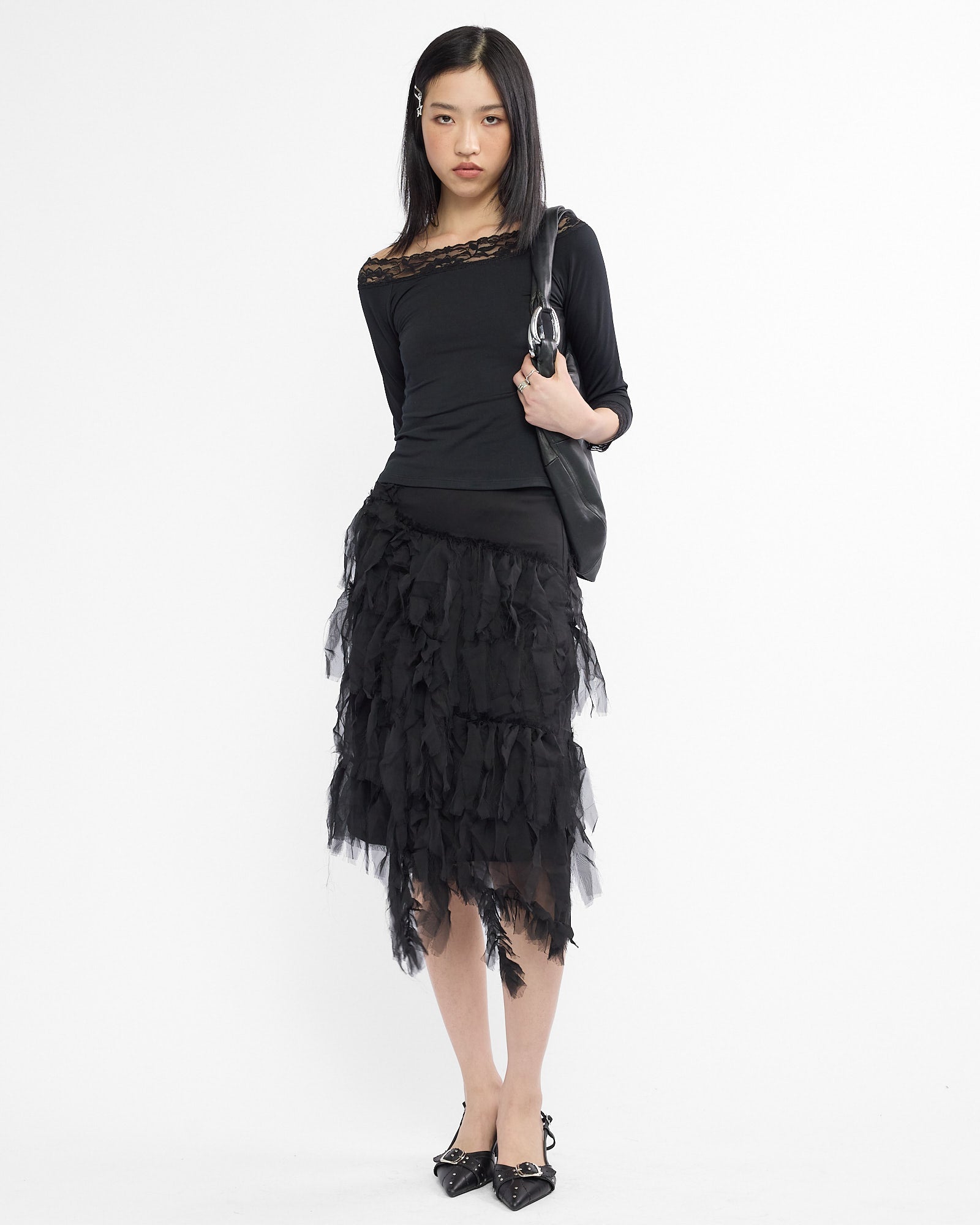Three Quarter Sleeve Lace Detail Top - Black