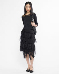 Three Quarter Sleeve Lace Detail Top - Black