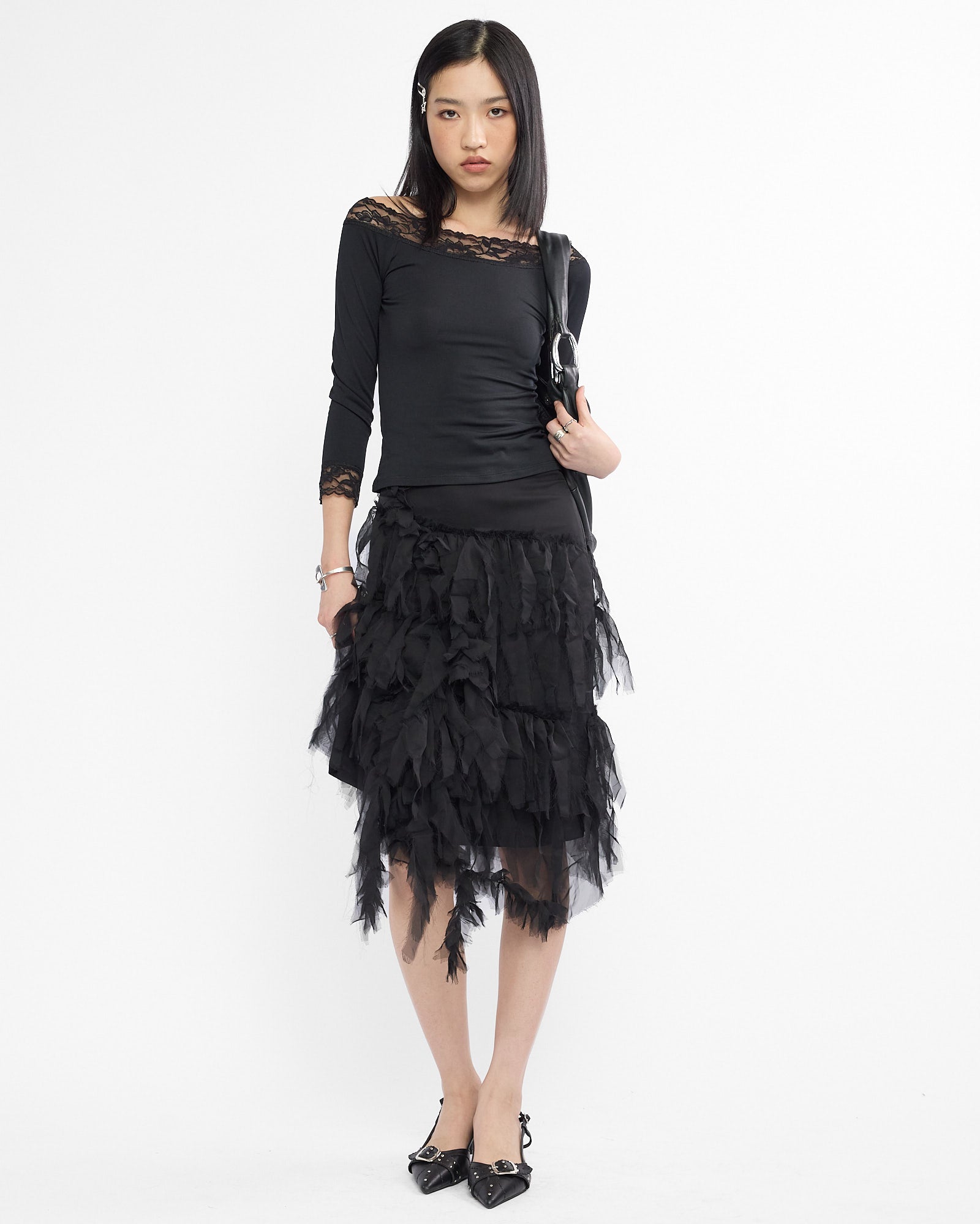 Ruffled Tulle Midi Skirt