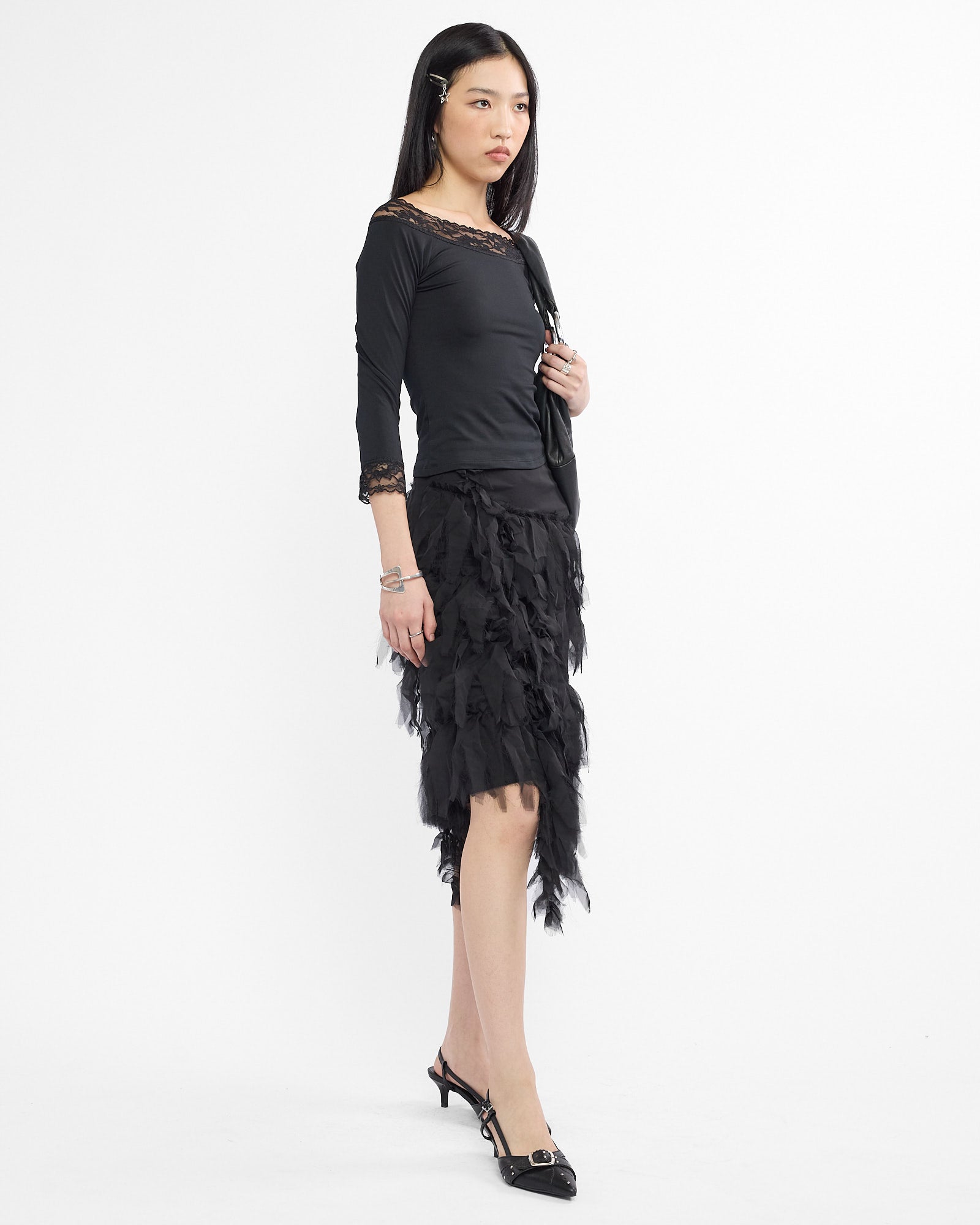 Three Quarter Sleeve Lace Detail Top - Black