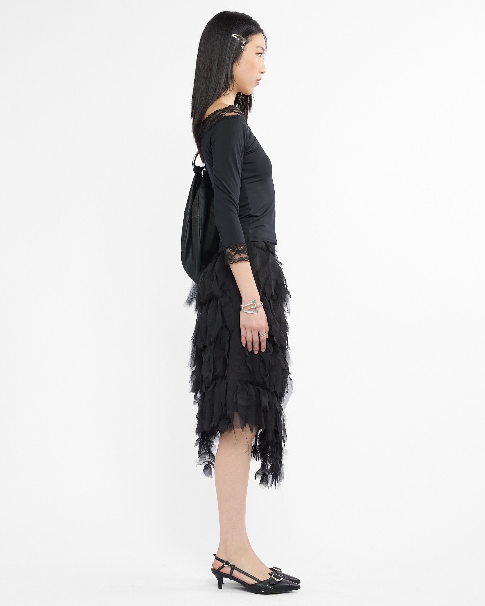 Ruffled Tulle Midi Skirt