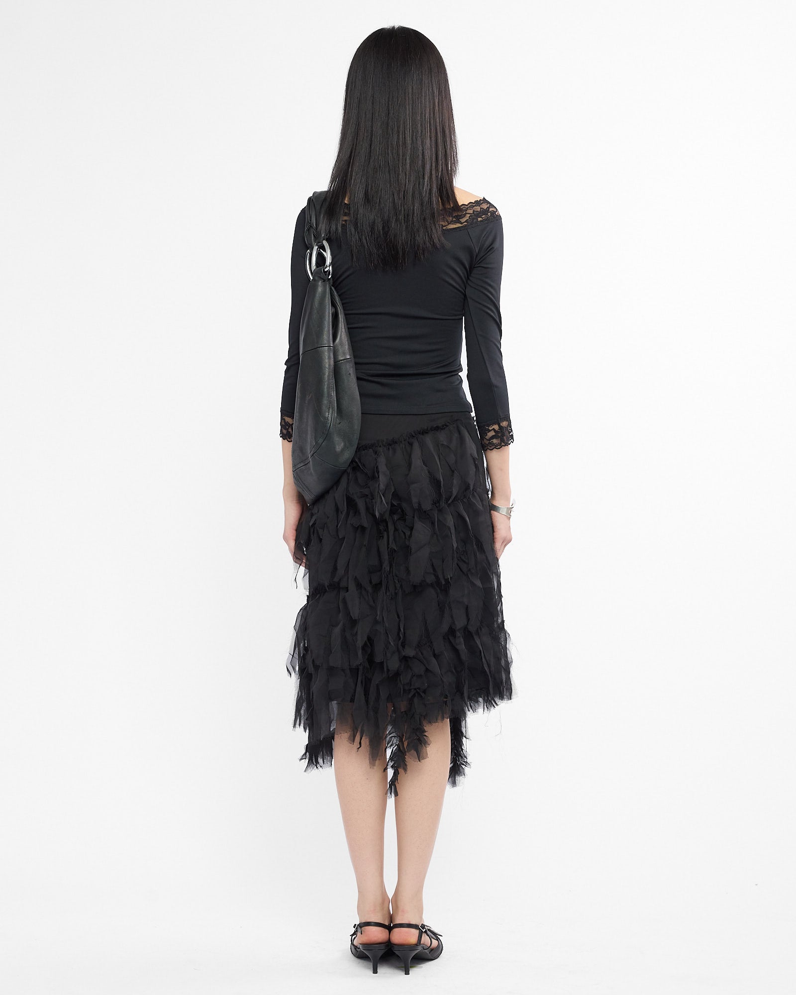 Three Quarter Sleeve Lace Detail Top - Black