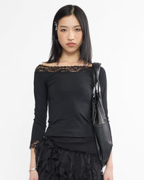 Three Quarter Sleeve Lace Detail Top - Black