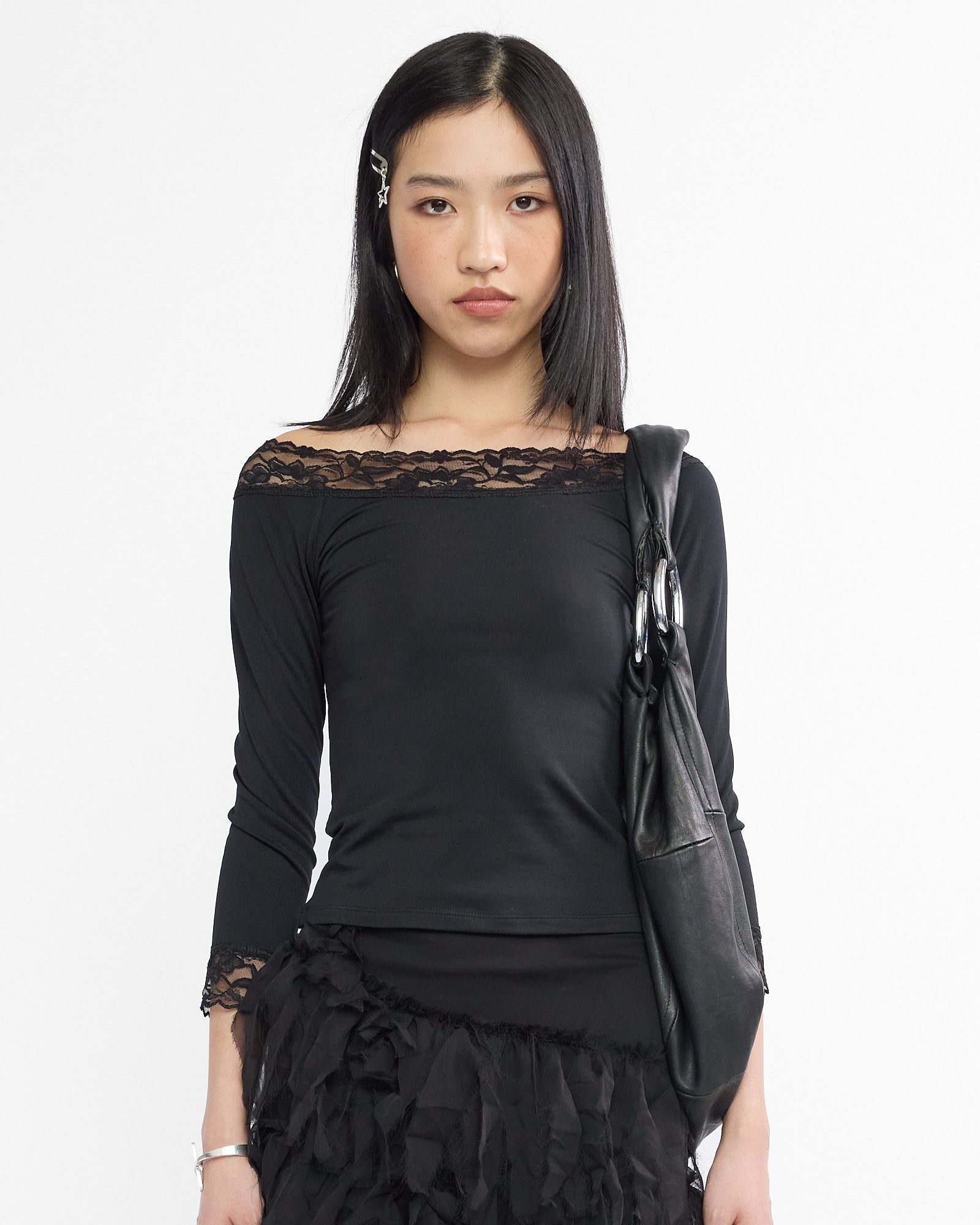 Three Quarter Sleeve Lace Detail Top - Black