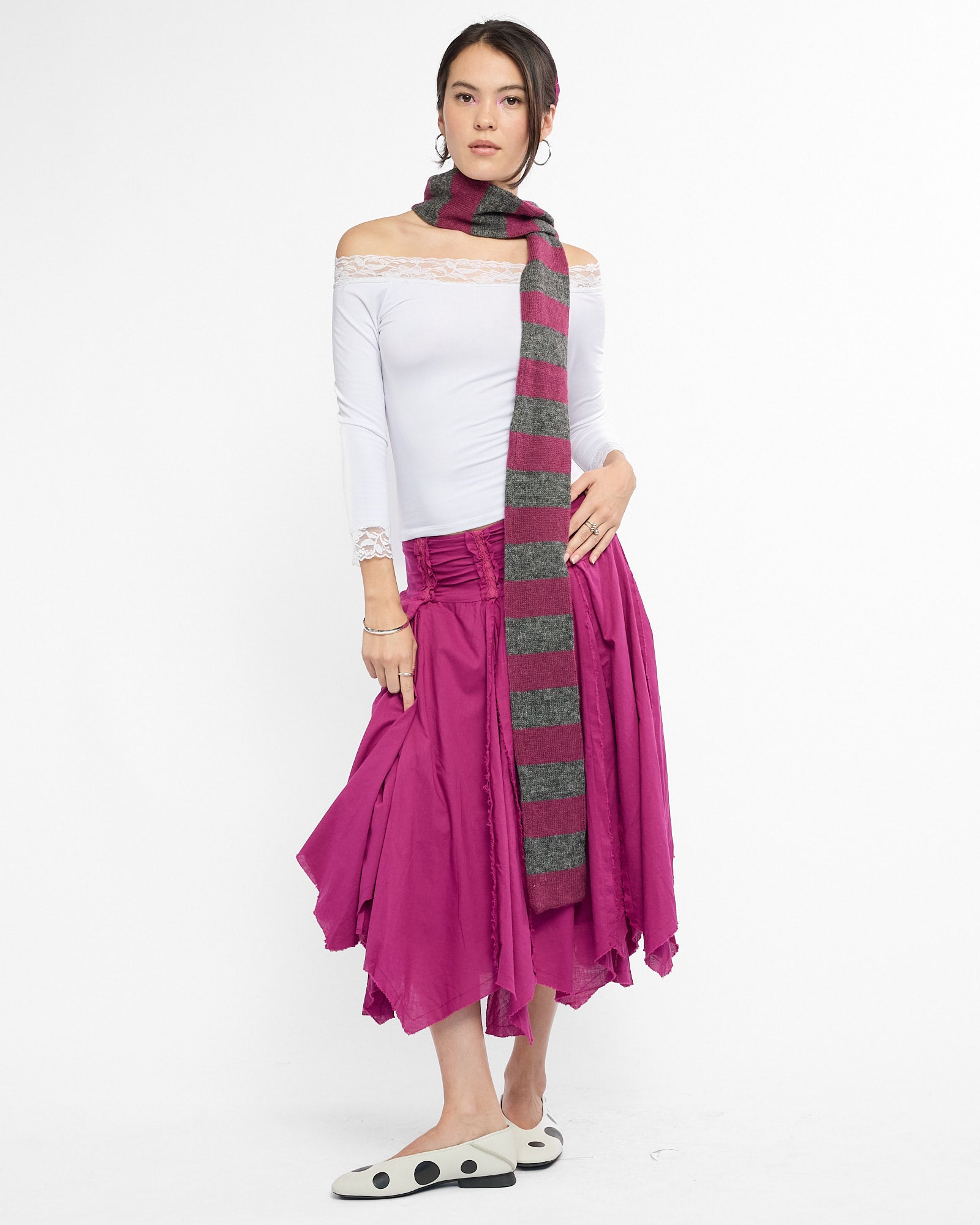 Mohair Skinny Stripe Scarf - Plum / Charcoal