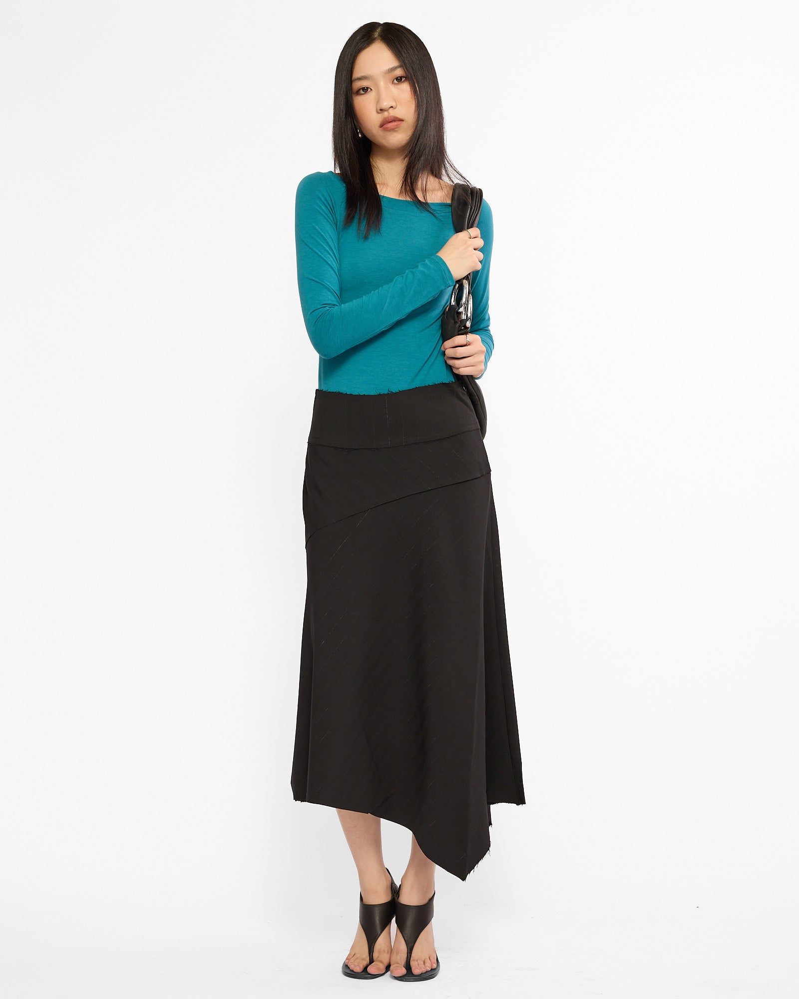 Raw Hem Asymmetric Midi Skirt