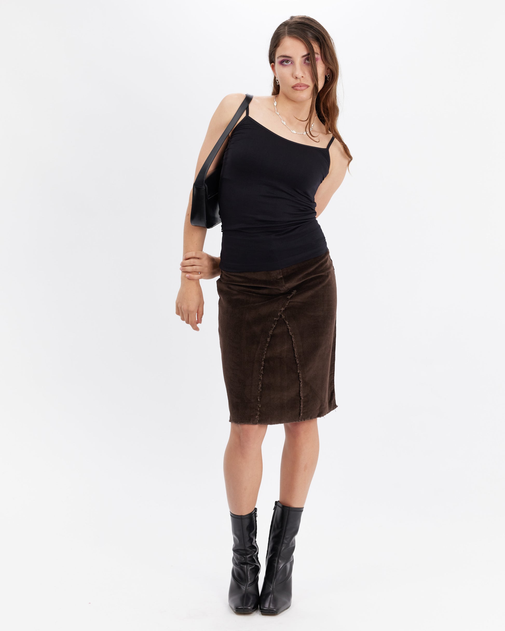 Stretch Corduroy Midi Skirt - Chocolate