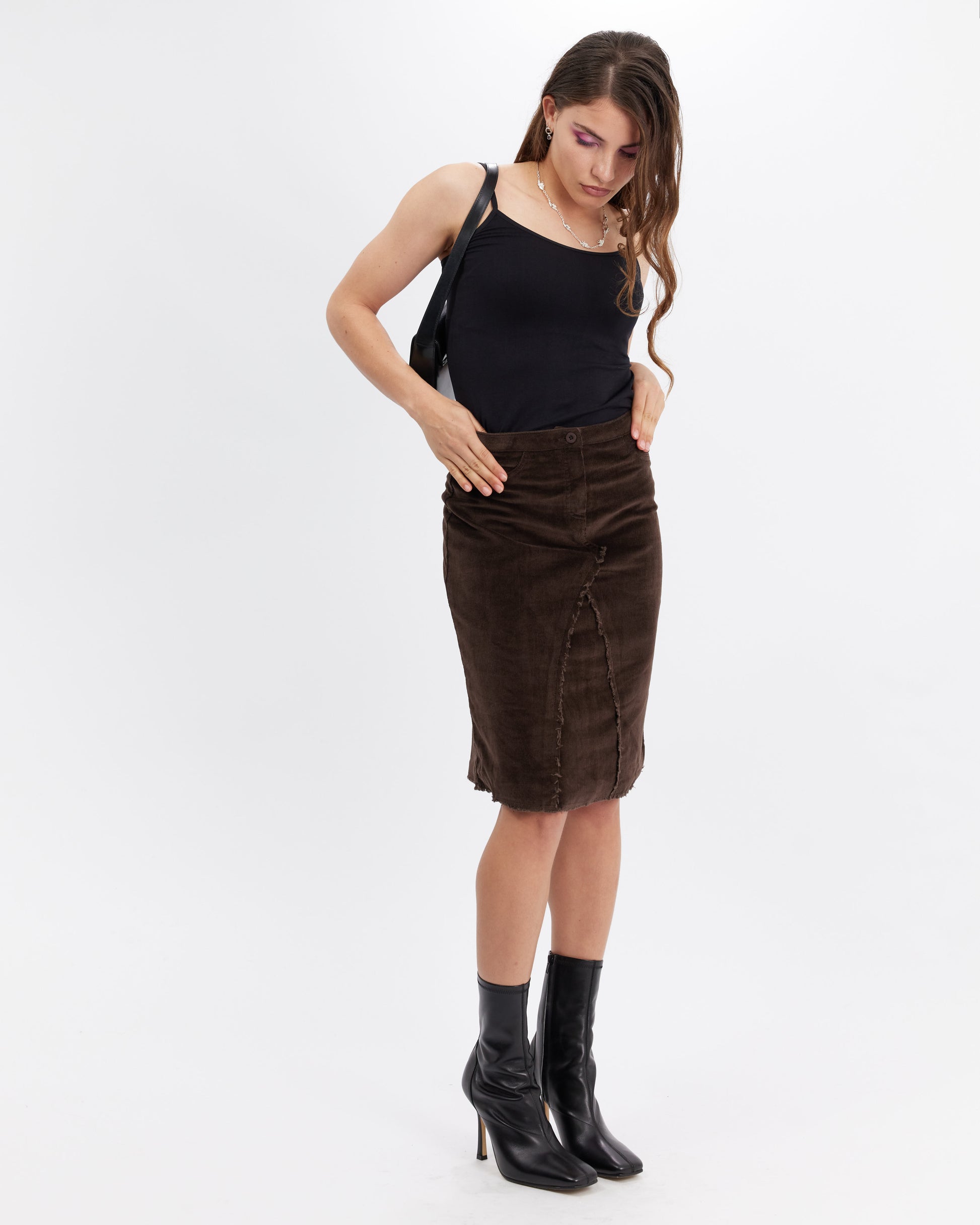 Stretch Corduroy Midi Skirt - Chocolate