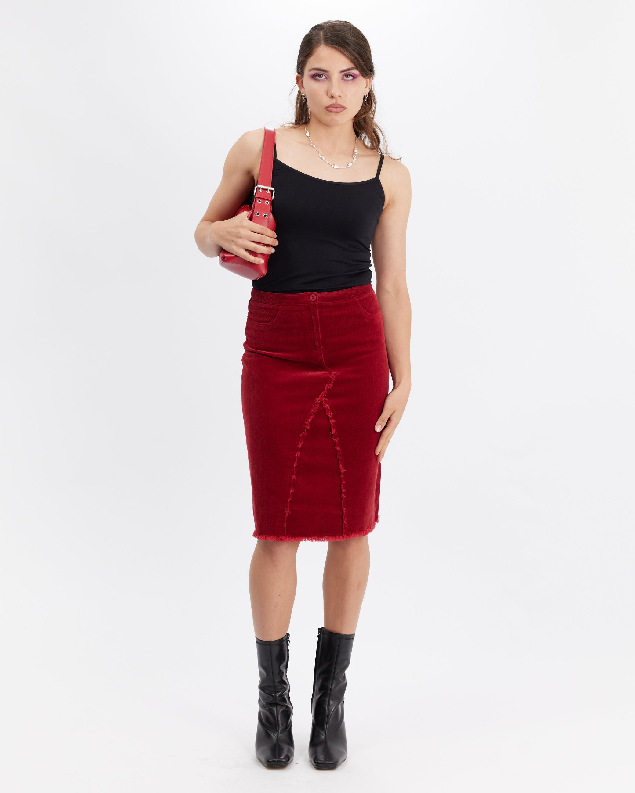 Stretch Corduroy Midi Skirt - Red