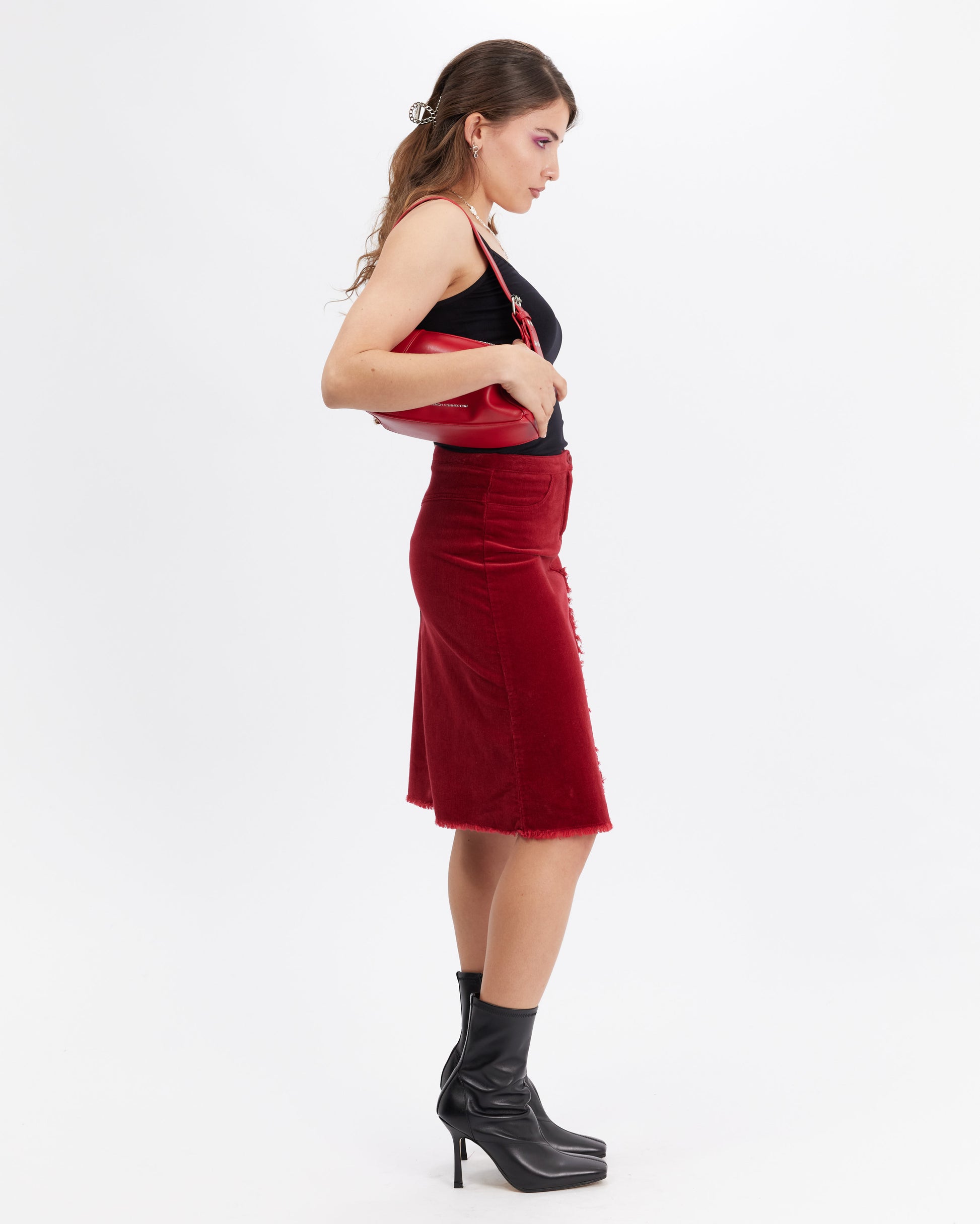 Stretch Corduroy Midi Skirt - Red