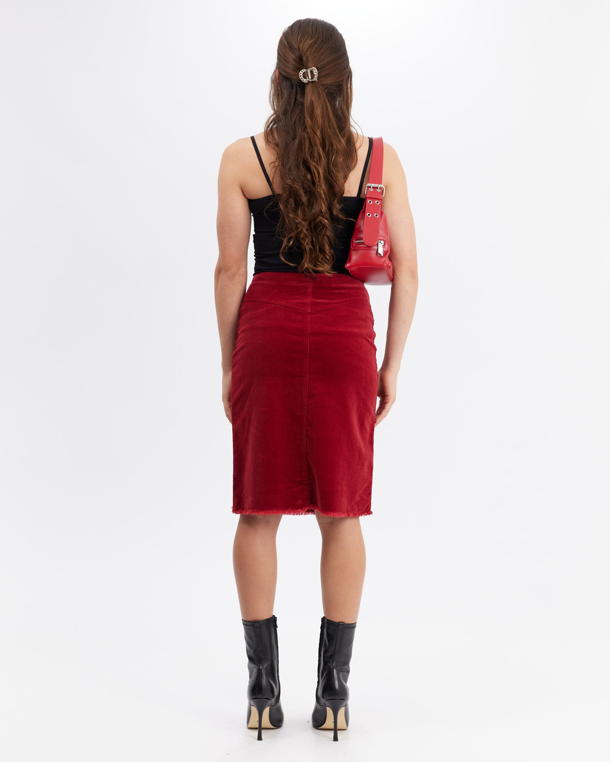 Stretch Corduroy Midi Skirt - Red