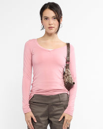 V Neck Long Sleeve Raglan Top - Rose