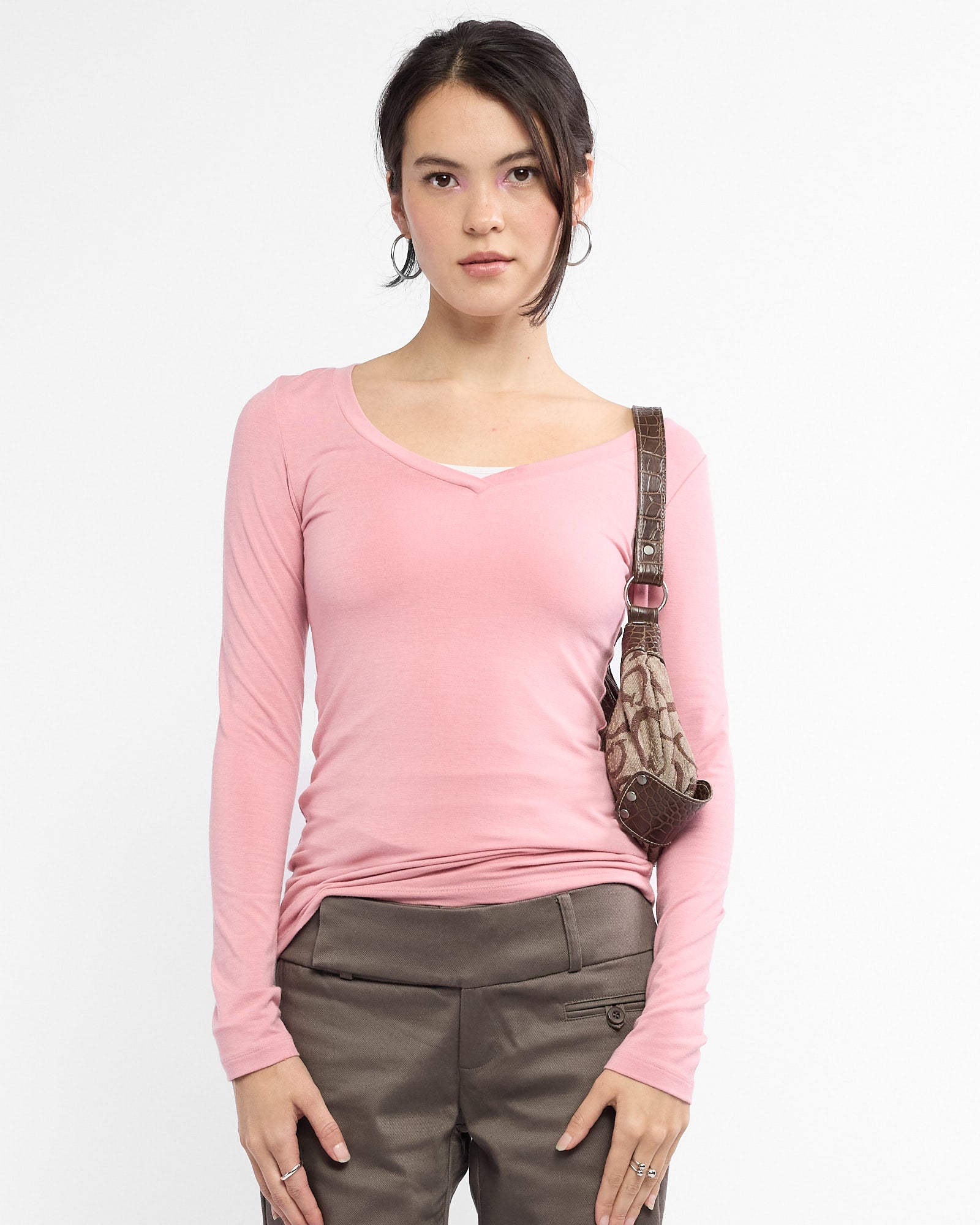 V Neck Long Sleeve Raglan Top - Rose