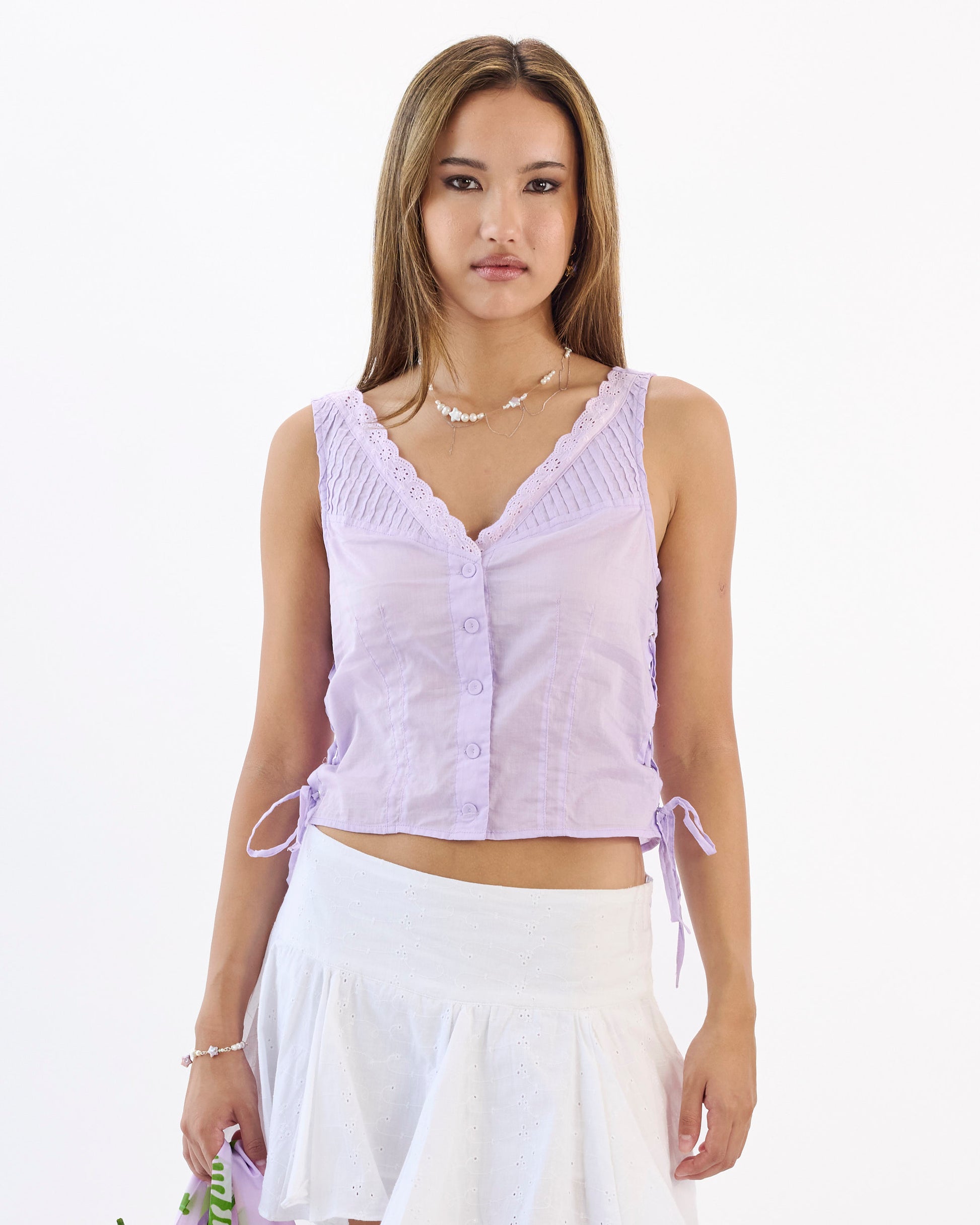 Lace Up Side Cotton Top - Lilac