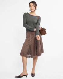 Crochet Raw Edge Midi Skirt - Soft Plum