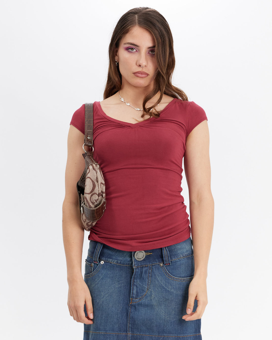 V Neck Cap Sleeve T - Cherry