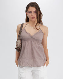 Crinkle Cotton Halter Singlet - Smoke