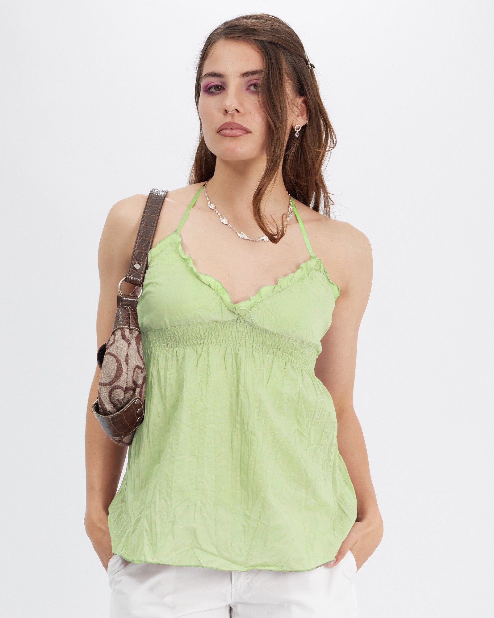 Crinkle Cotton Halter Singlet - Leaf