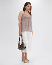 Crinkle Cotton Halter Singlet - Smoke