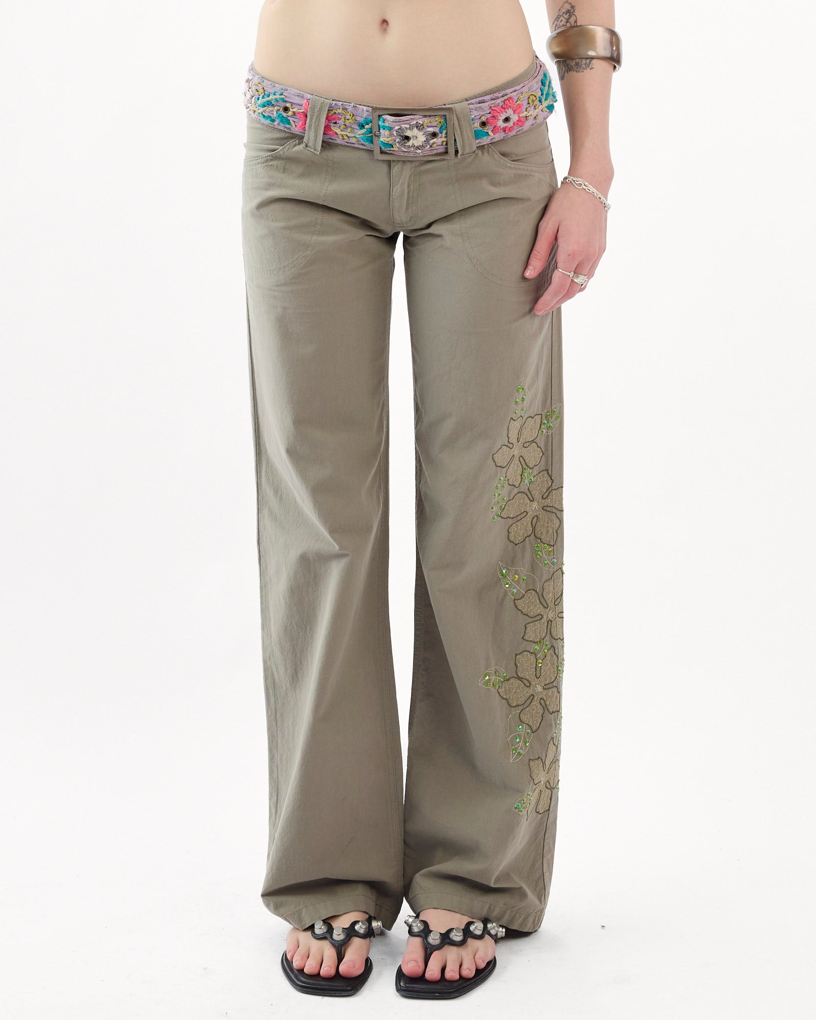 Sequin Embellished Cargo Pant - Khaki