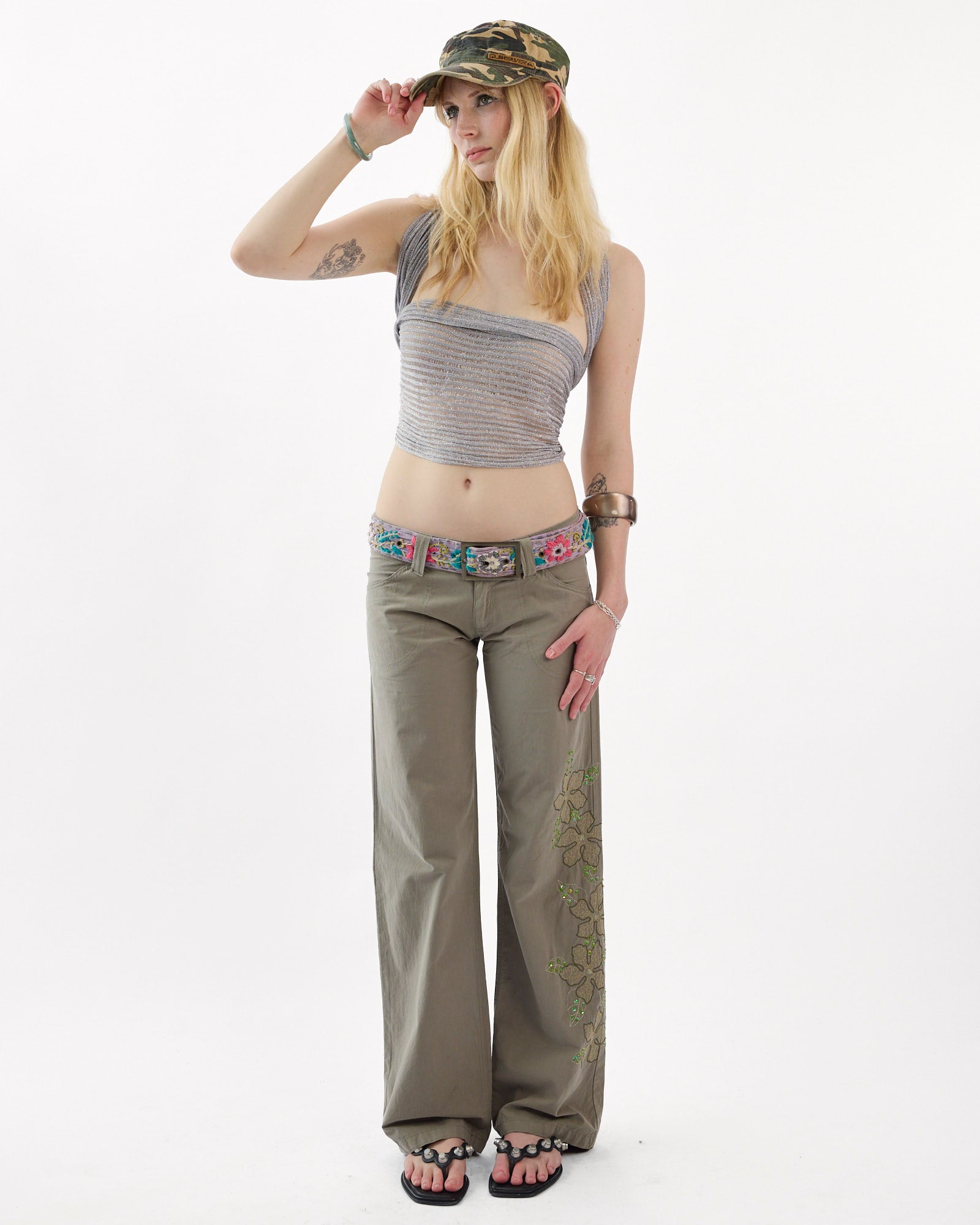 Sequin Embellished Cargo Pant - Khaki