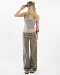 Sequin Embellished Cargo Pant - Khaki