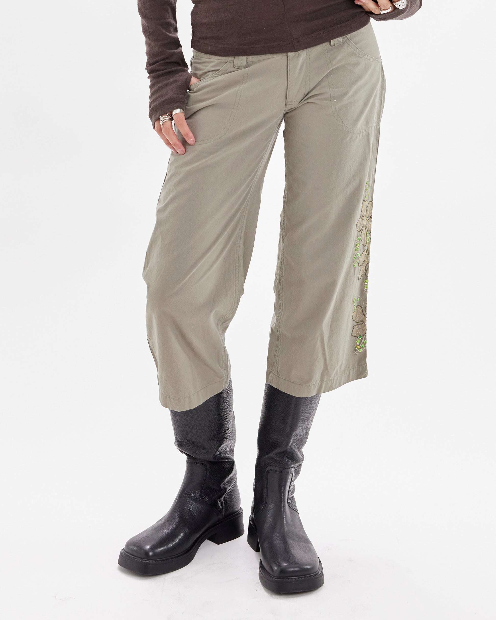 Sequin Embellished 3/4 Length Pant - Khaki