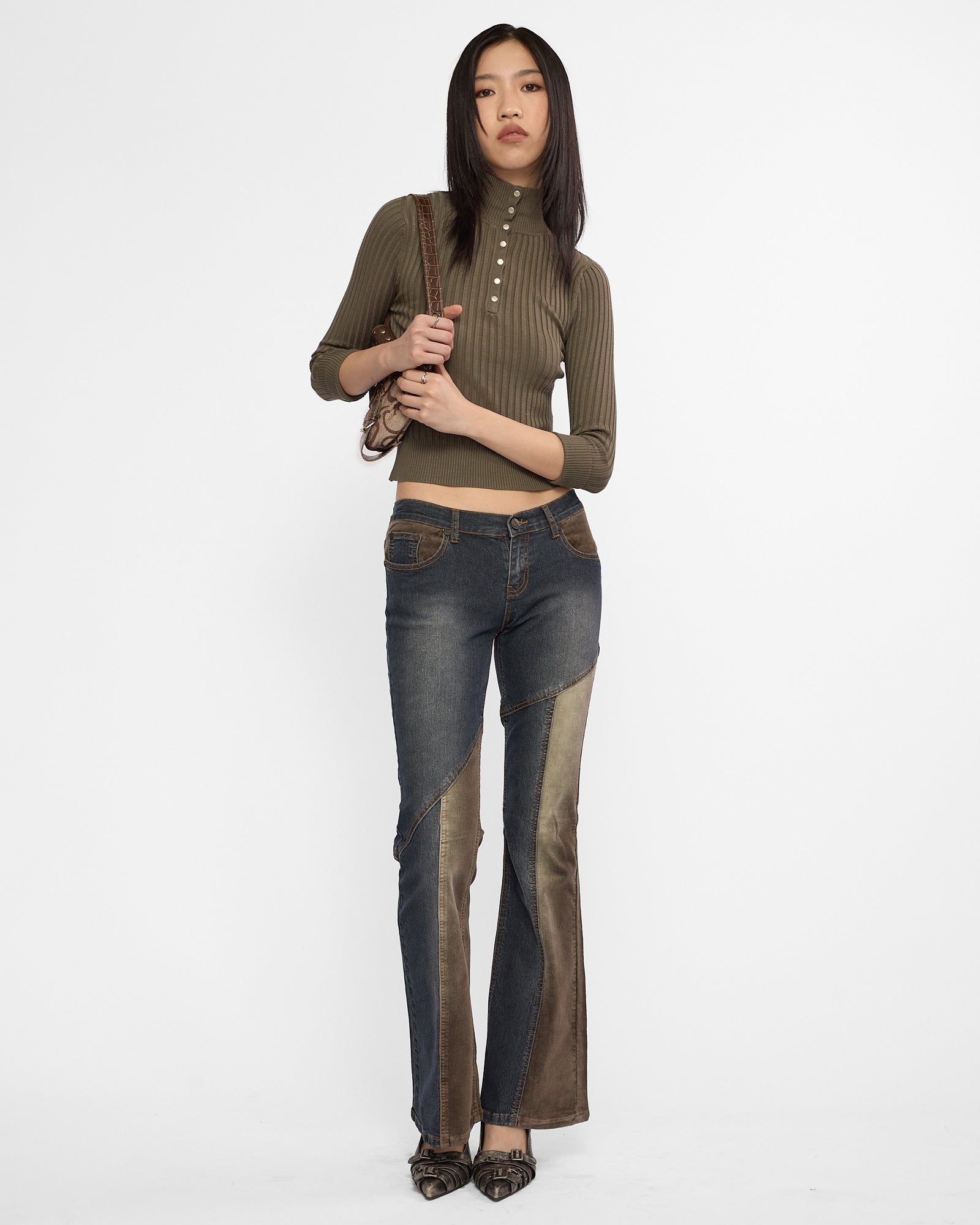 Lowrise Corduroy Denim Panelled Flared Jean