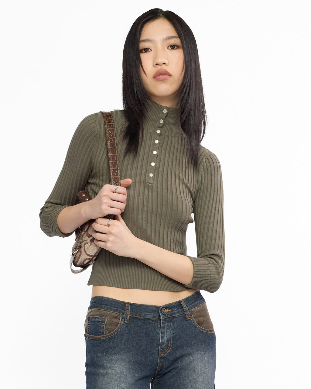 Button Up Ribbed 3/4 Length Sleeve Top