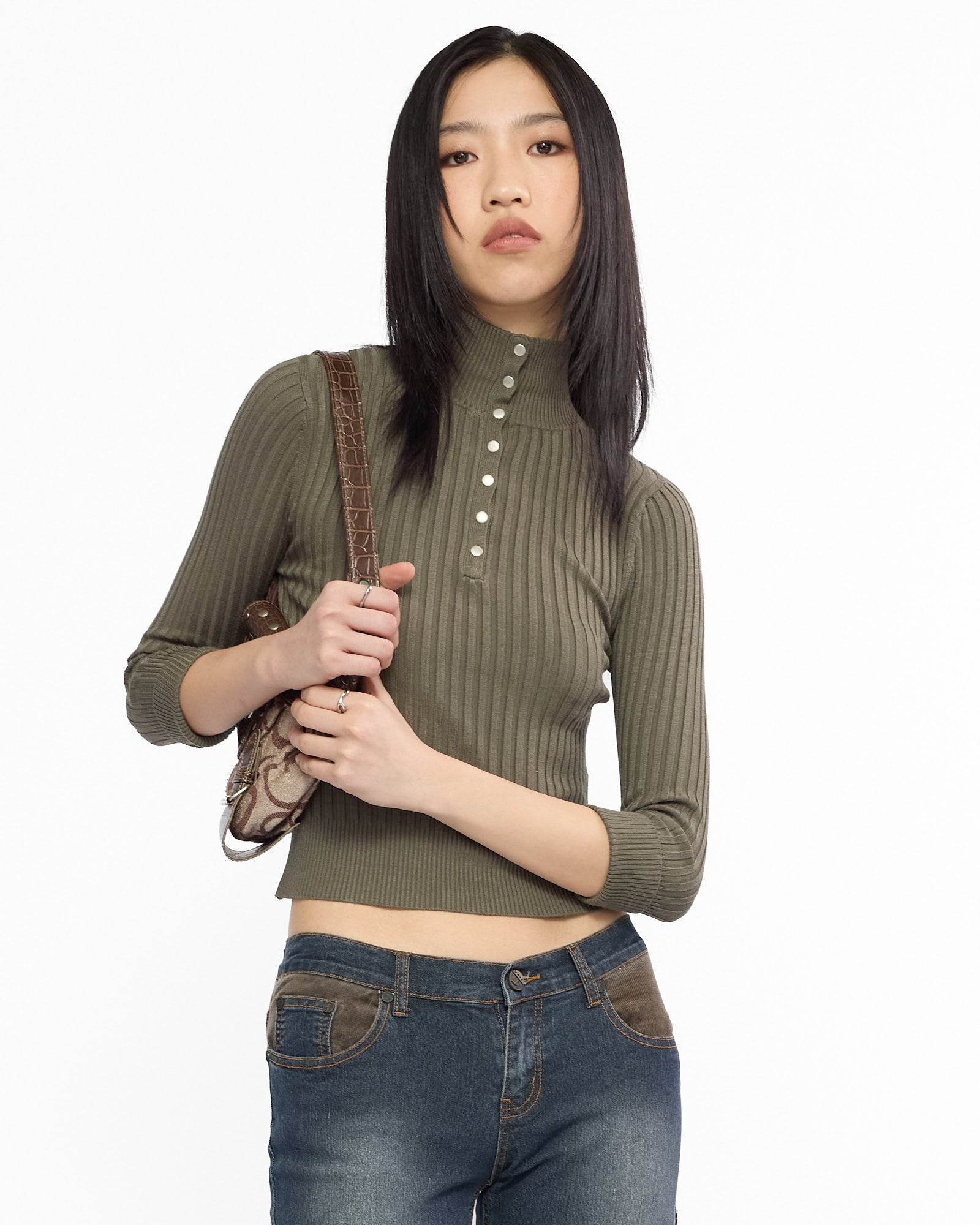 Button Up Ribbed 3/4 Length Sleeve Top
