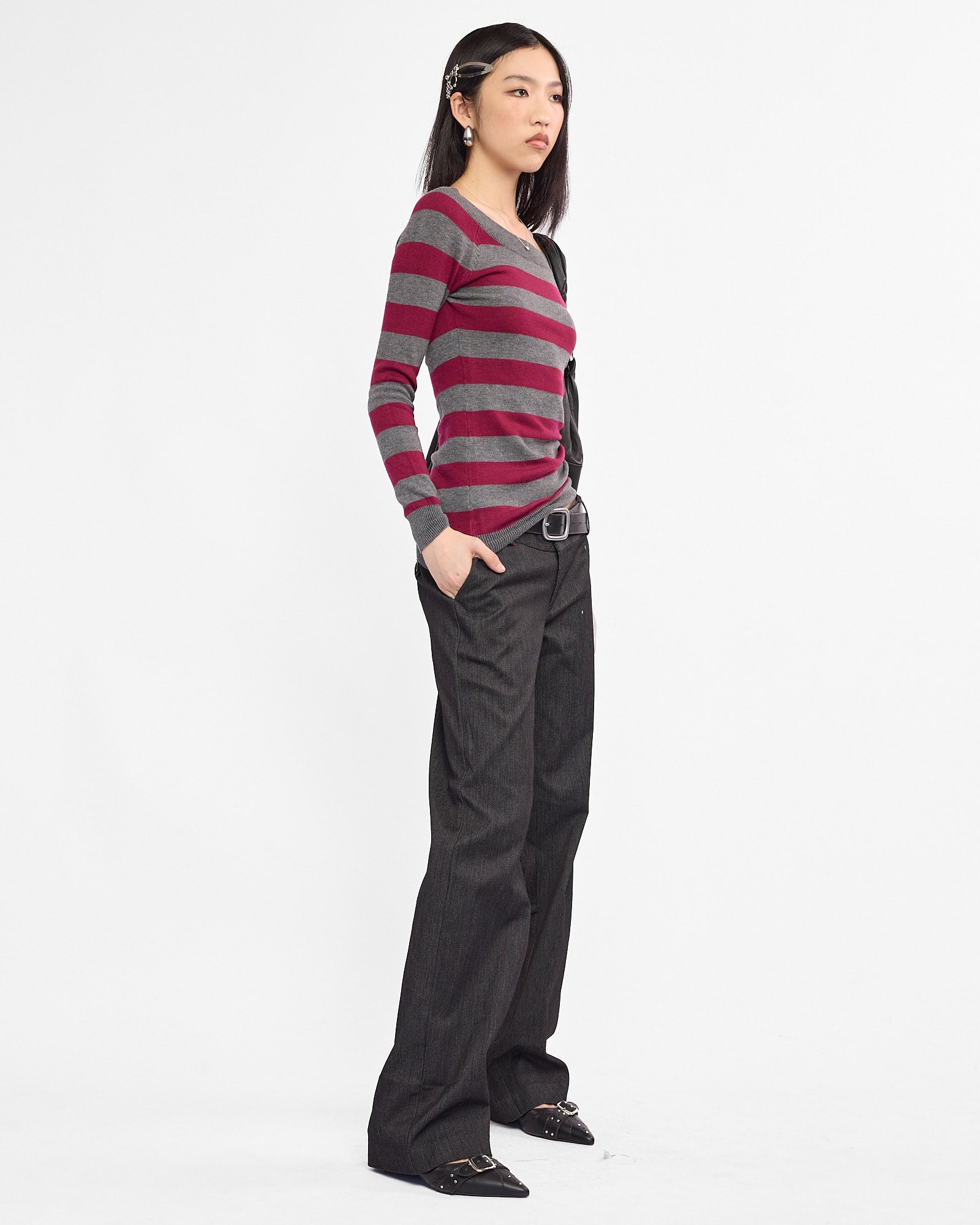Boat Neck Stripe Knit Sweater