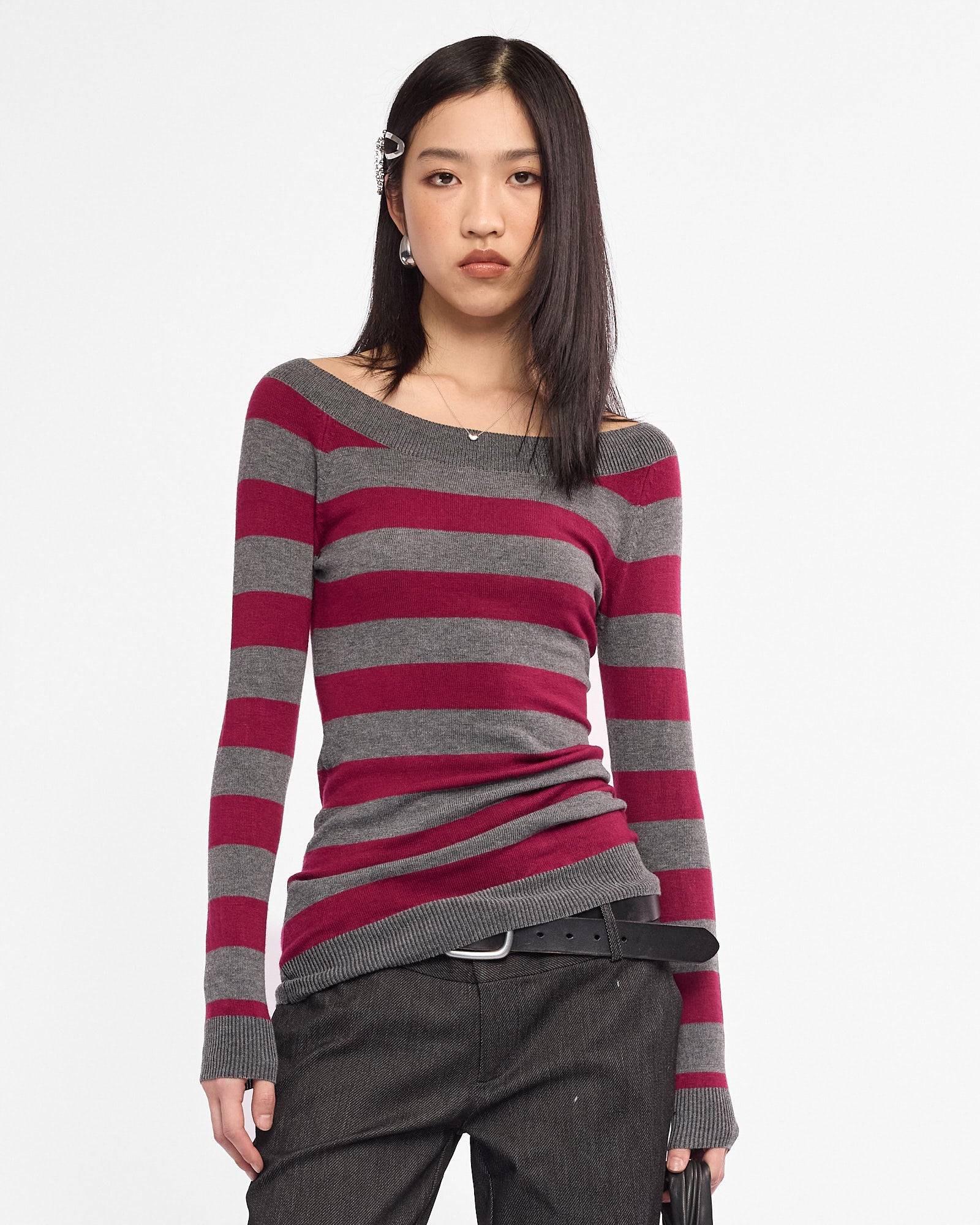 Boat Neck Stripe Knit Sweater