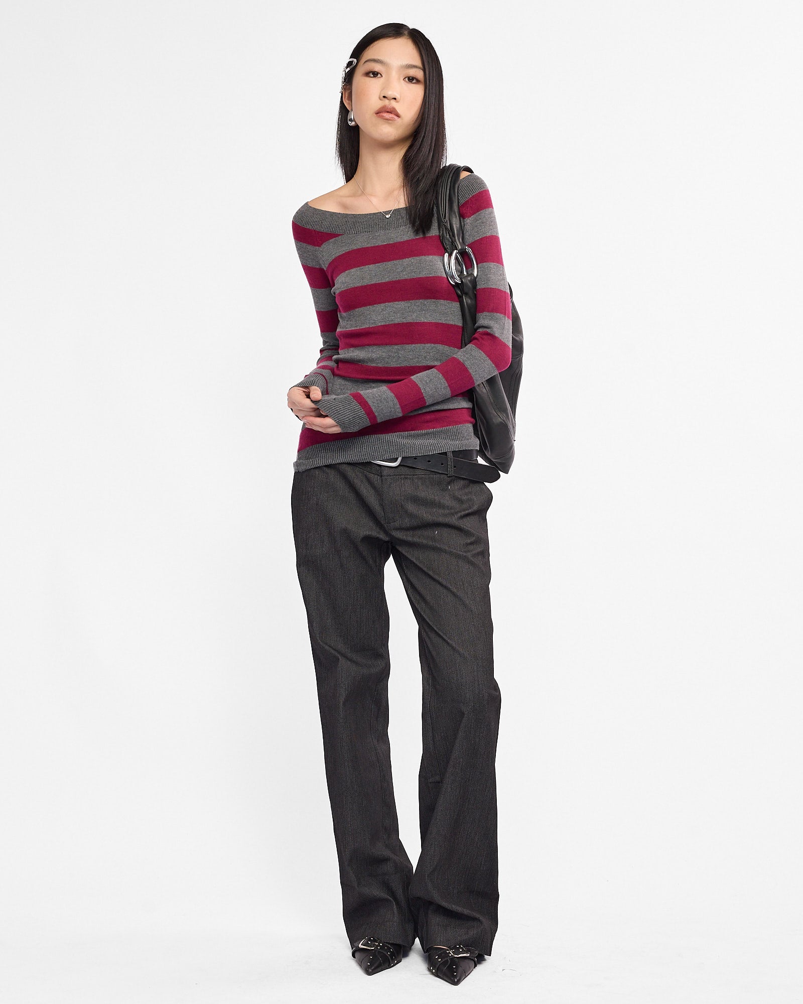 Boat Neck Stripe Knit Sweater
