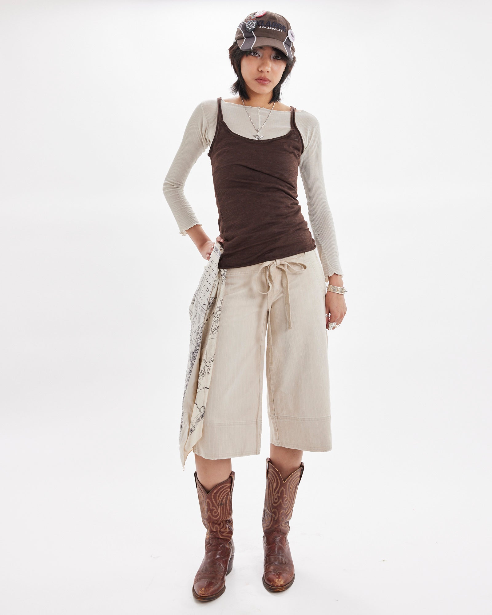 3/4 Tie Waist Wide Leg Jort - Beige