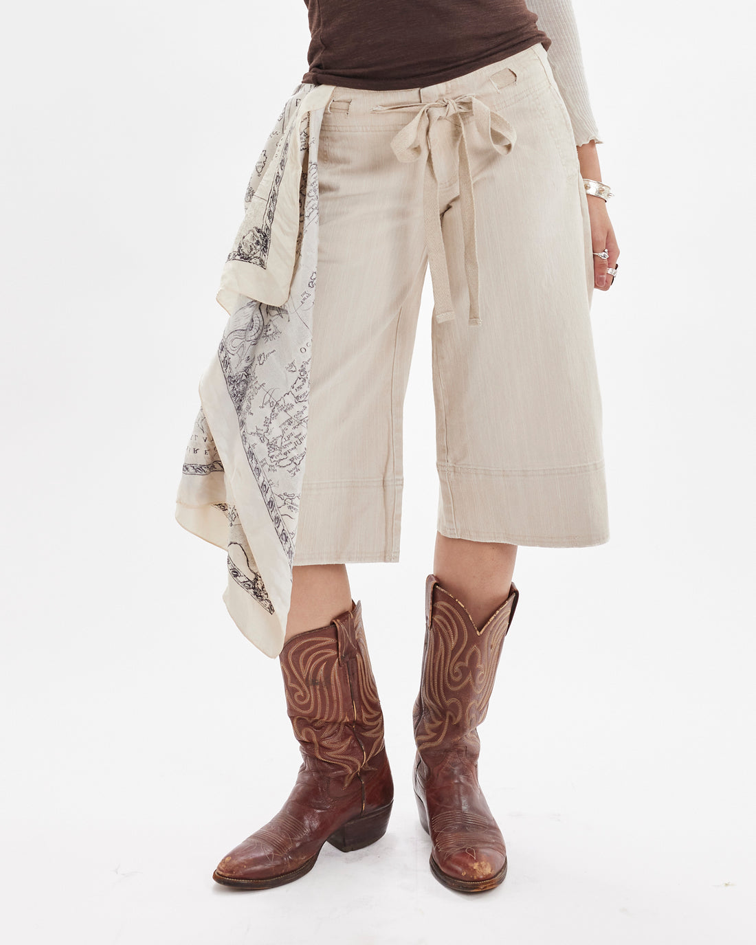 3/4 Tie Waist Wide Leg Jort - Beige