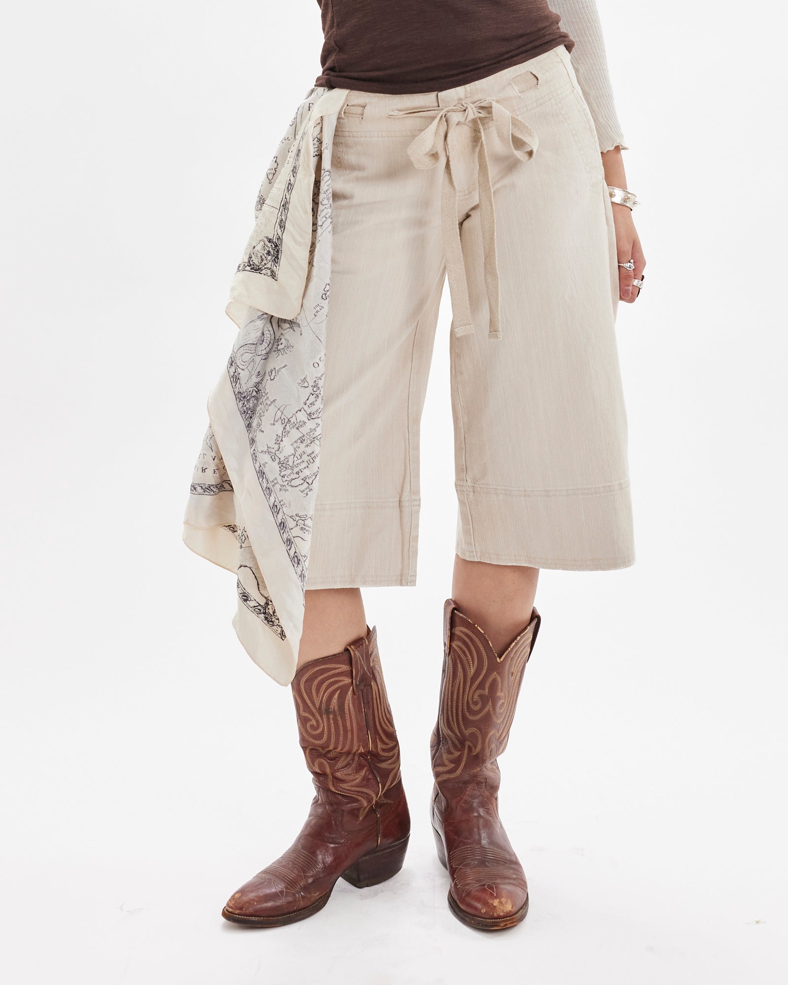 3/4 Tie Waist Wide Leg Jort - Beige