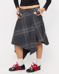 [COMING SOON] Plaid Asymmetric Wool Midi Skirt - Charcoal