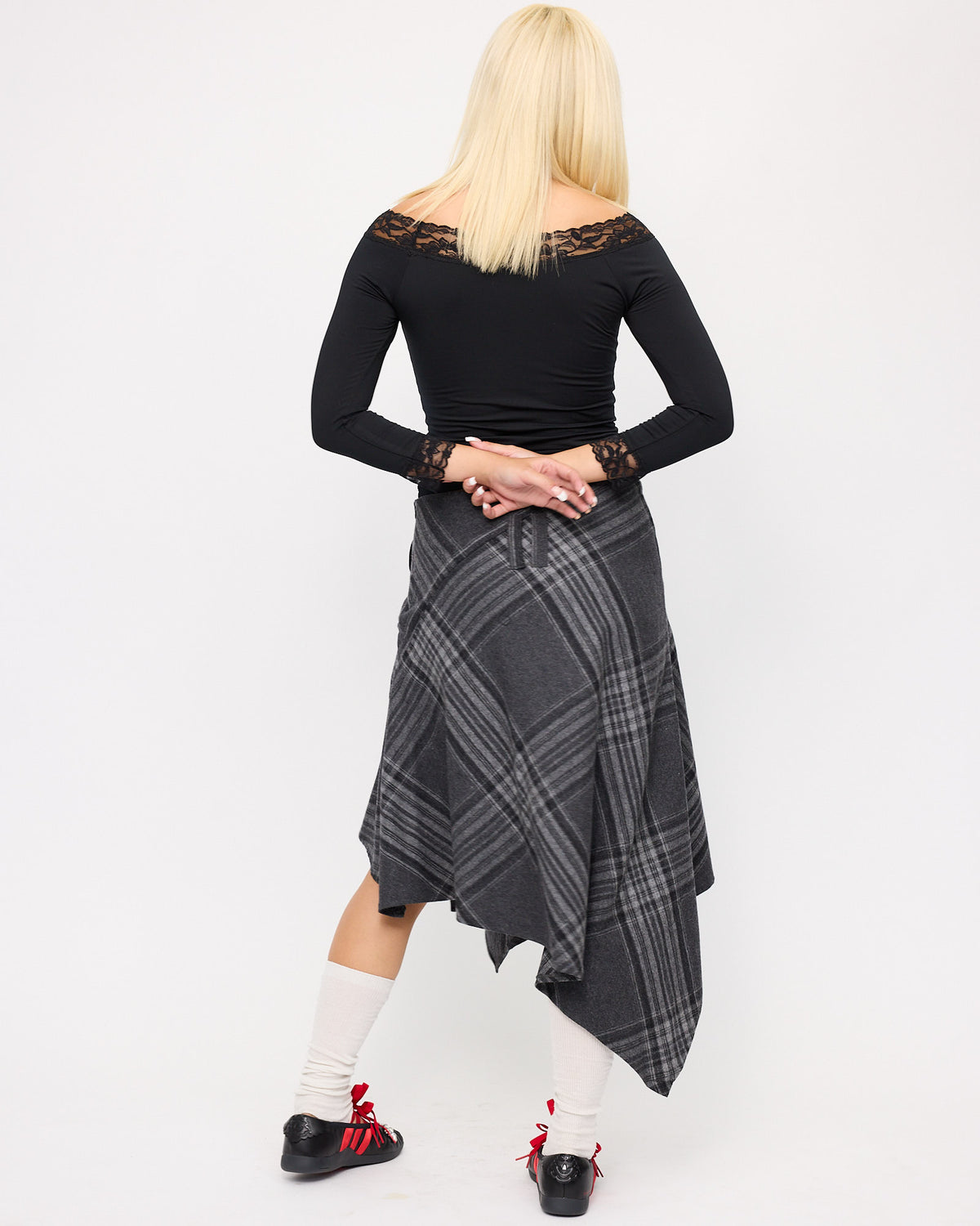 [COMING SOON] Plaid Asymmetric Wool Midi Skirt - Charcoal